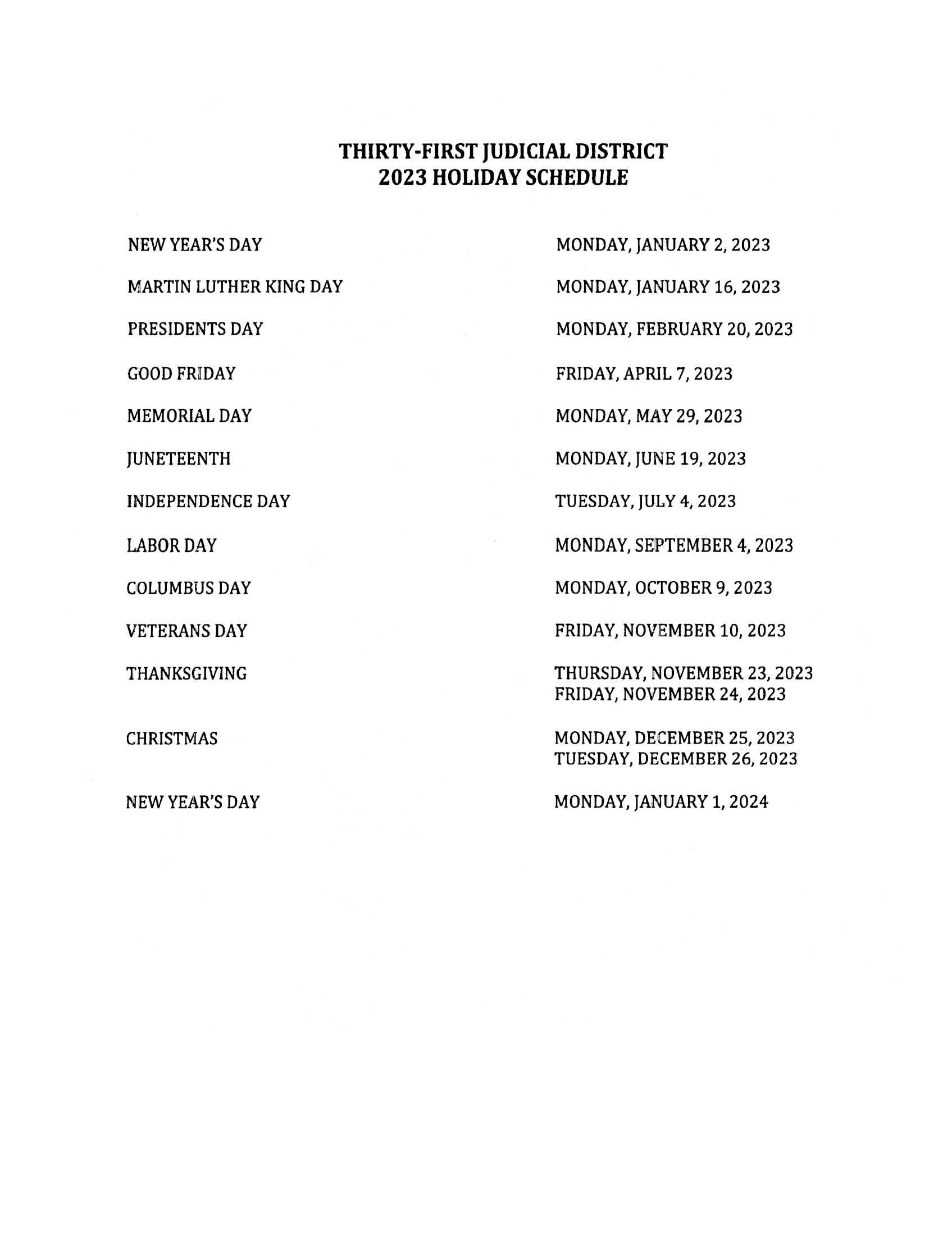 Woodson County, Kansas Holiday Schedule